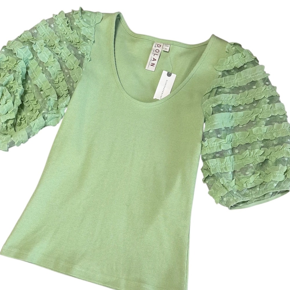 NWT Dolan Anthropologie Top Women XS Lime Ruffle Puff Sleeve Ribbed Fairy Scoop
